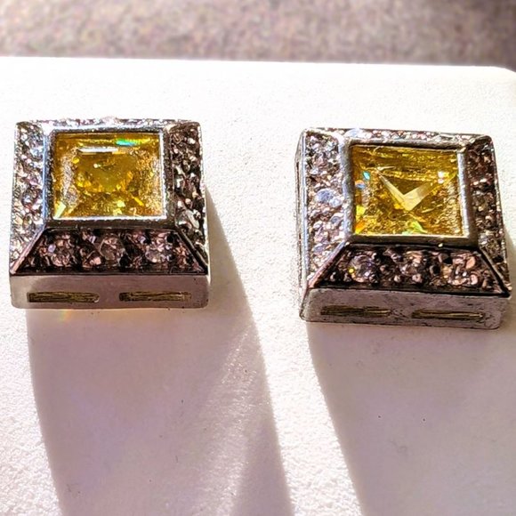 Large Artisan Canary and White Square Earring Studs .925 Sterling Silver - Picture 4 of 4